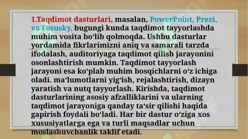 Taqdimot dasturlari (PowerPoint Prezi Fosusky va boshqa dasturlar 3