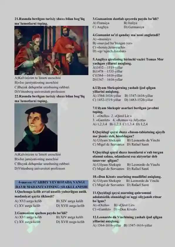 8-sinf jahon tarixi mavzulashtirilgan test 8
