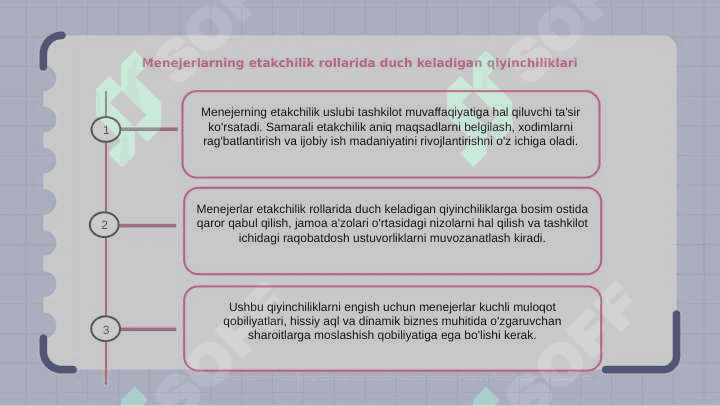 Menejerni rahbarlik uslubi va boshqaruvdagi o'rni. 8