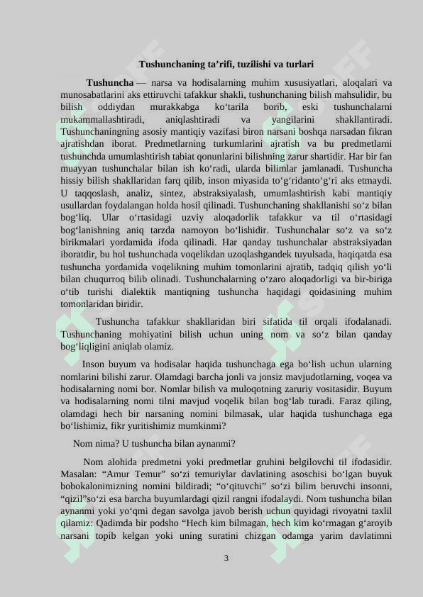 Tushunchaning ta’rifi, tuzilishi va turlari. Tushunchalar o‘rtasidagi munosabatlar 3