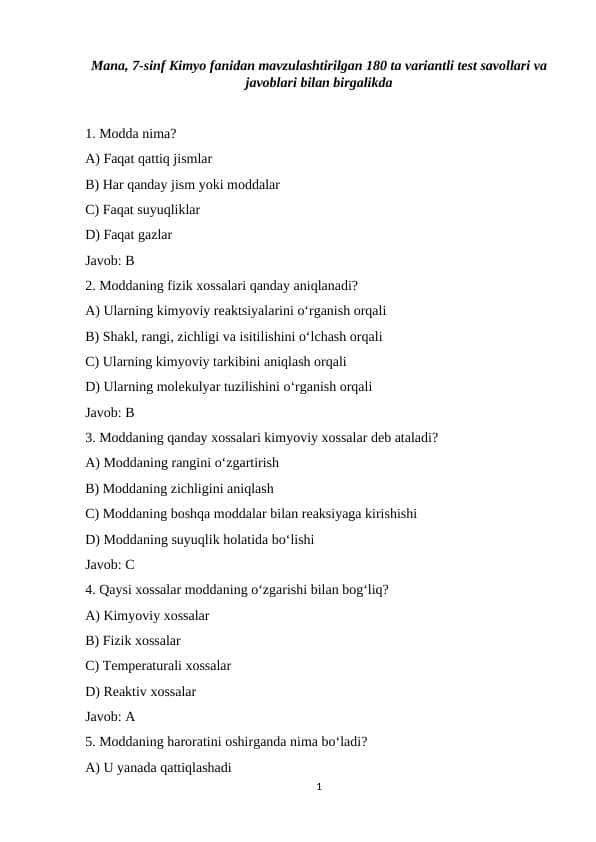 7-sinf Kimyo fanidan mavzulashtirilgan 180 ta variantli test savollari va javoblari bilan birgalikda