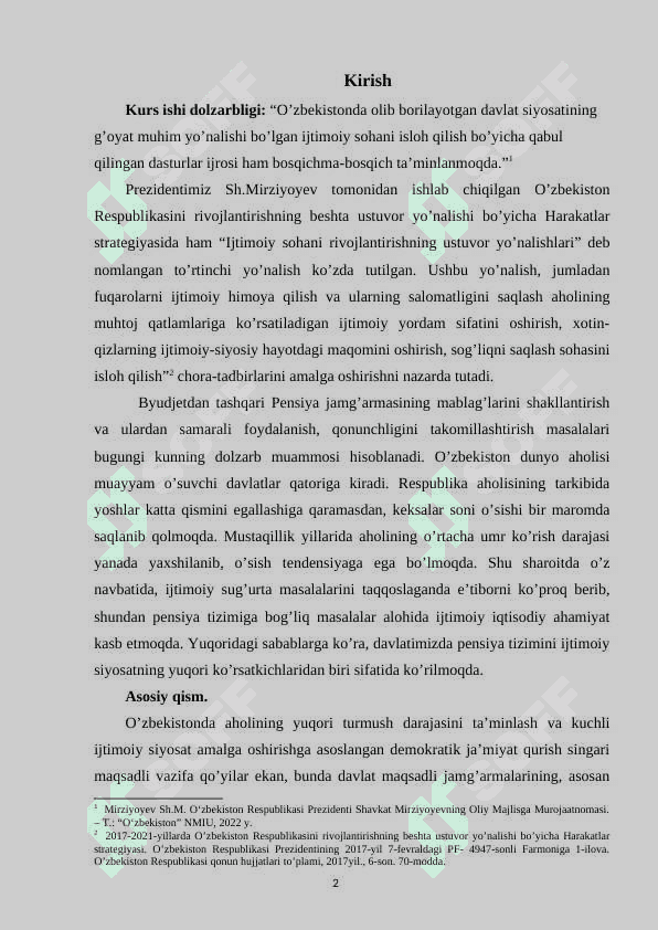 Byudjetdan tashqari Pensiya jamg’armasi, uning davlat moliya tizimidagi o’rni va ahamiyati. 2