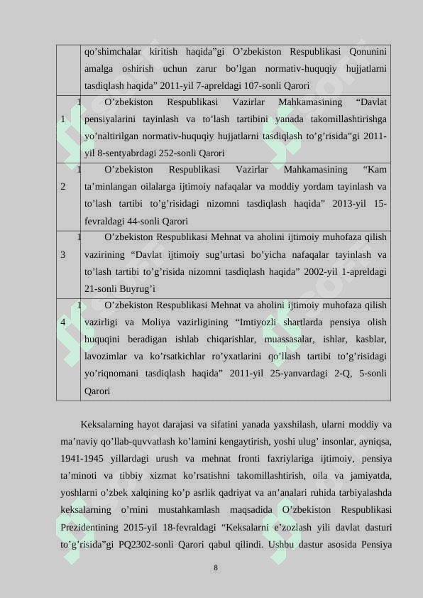 Byudjetdan tashqari Pensiya jamg’armasi, uning davlat moliya tizimidagi o’rni va ahamiyati 8