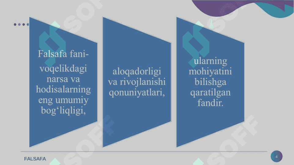 Falsafa fanining predmeti, mazmuni va jamiyatdagi roli 4