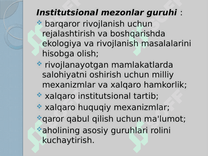 Barqaror rivojlanish mezonlari va ko'rsatkichlari 7
