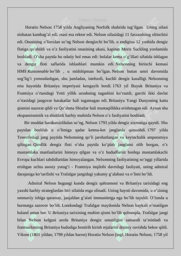 Admiral Nelson faoliyat  mavzusida biografik ma’lumotnoma 2