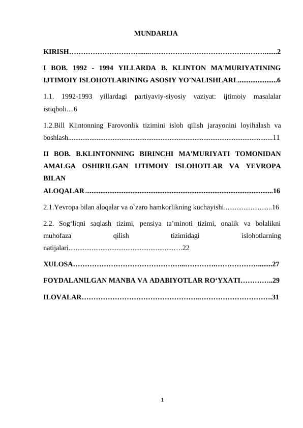 1992 - 1994 YILLARDA B. KLINTON MA'MURIYATINING IJTIMOIY ISLOHOTLARINING ASOSIY YO'NALISHLARI