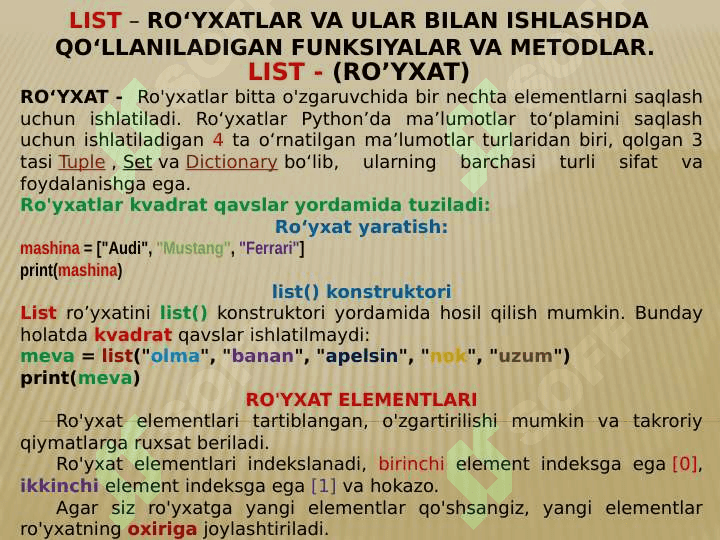 PYTHONDA RO’YXATLAR VA TO’PLAMLAR 4