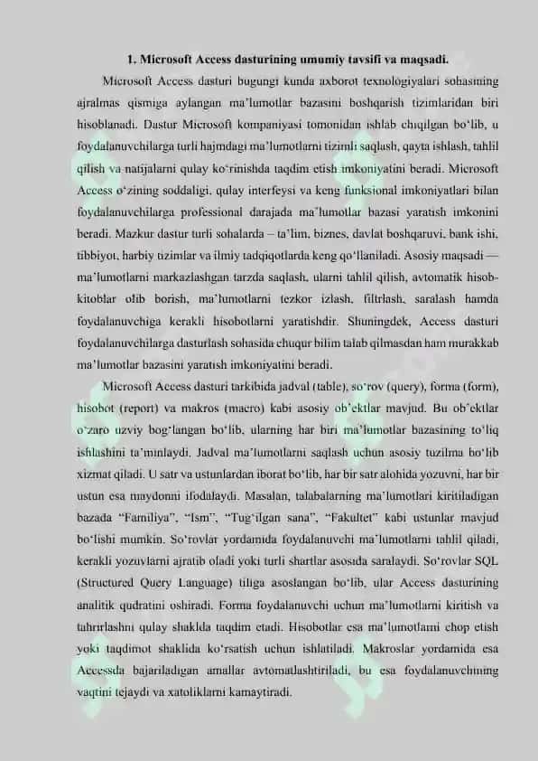 Microsoft Access dasturining asosiy ob’ektlari jadval, so‘rov, forma, hisobot, makros. Microsoft Access dasturining imkoniyatlari. 2