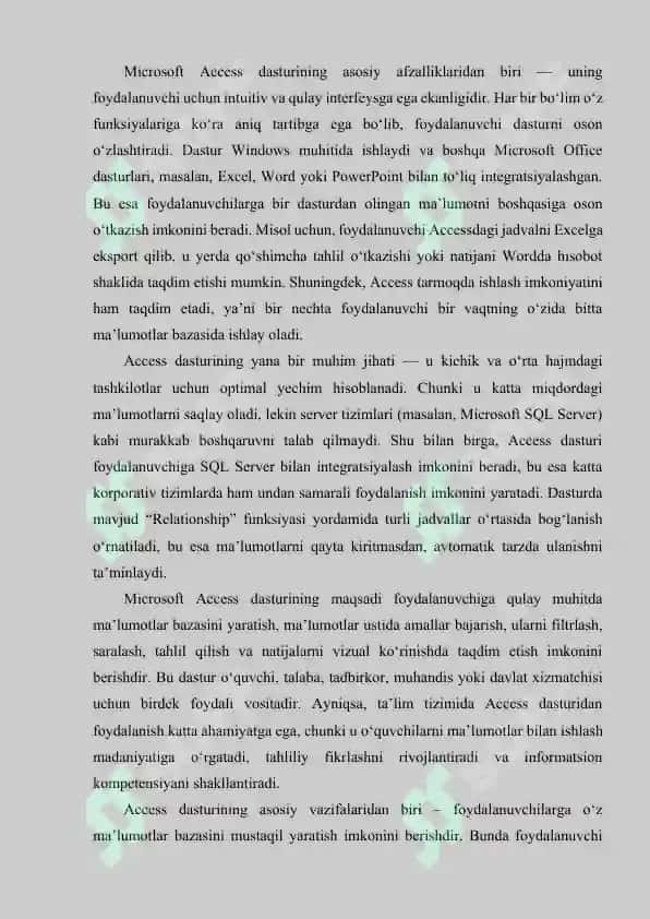 Microsoft Access dasturining asosiy ob’ektlari jadval, so‘rov, forma, hisobot, makros. Microsoft Access dasturining imkoniyatlari. 3