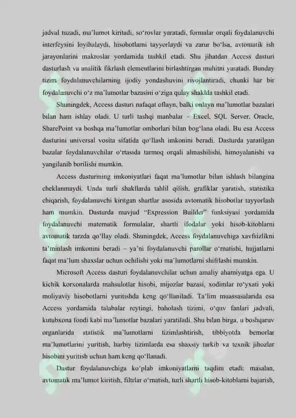 Microsoft Access dasturining asosiy ob’ektlari jadval, so‘rov, forma, hisobot, makros. Microsoft Access dasturining imkoniyatlari. 4