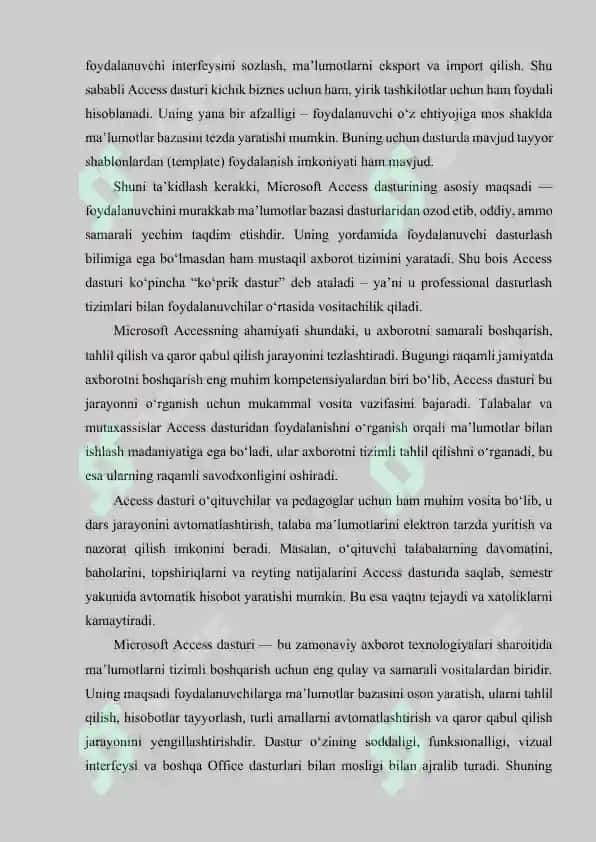 Microsoft Access dasturining asosiy ob’ektlari jadval, so‘rov, forma, hisobot, makros. Microsoft Access dasturining imkoniyatlari. 5