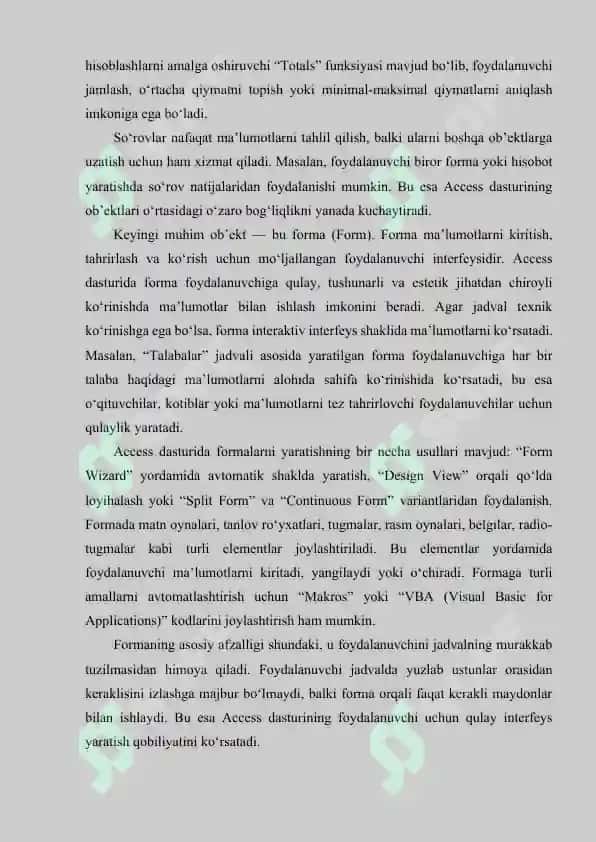 Microsoft Access dasturining asosiy ob’ektlari jadval, so‘rov, forma, hisobot, makros. Microsoft Access dasturining imkoniyatlari. 8