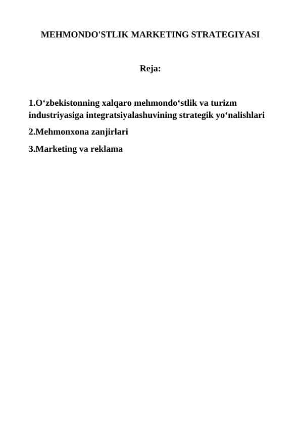 MEHMONDO'STLIK MARKETING STRATEGIYASI