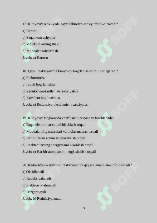 11-sinf kimyo fanidan 200 ta variantli test savollarini va javoblari 5