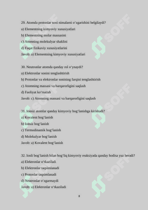 11-sinf kimyo fanidan 200 ta variantli test savollarini va javoblari 8