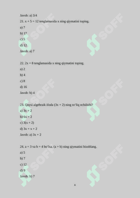 5-sinf matematika fanidan 165 ta variantli test savollari va javoblari bilan birgalikda 6