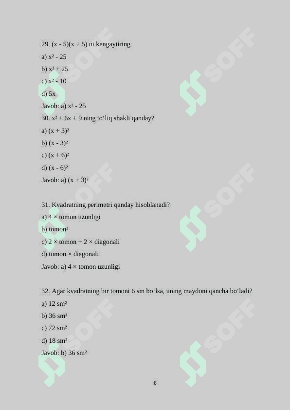 5-sinf matematika fanidan 165 ta variantli test savollari va javoblari bilan birgalikda 8