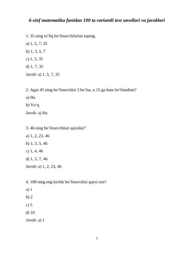 6-sinf matematika fanidan 100 ta variantli test savollari va javoblari