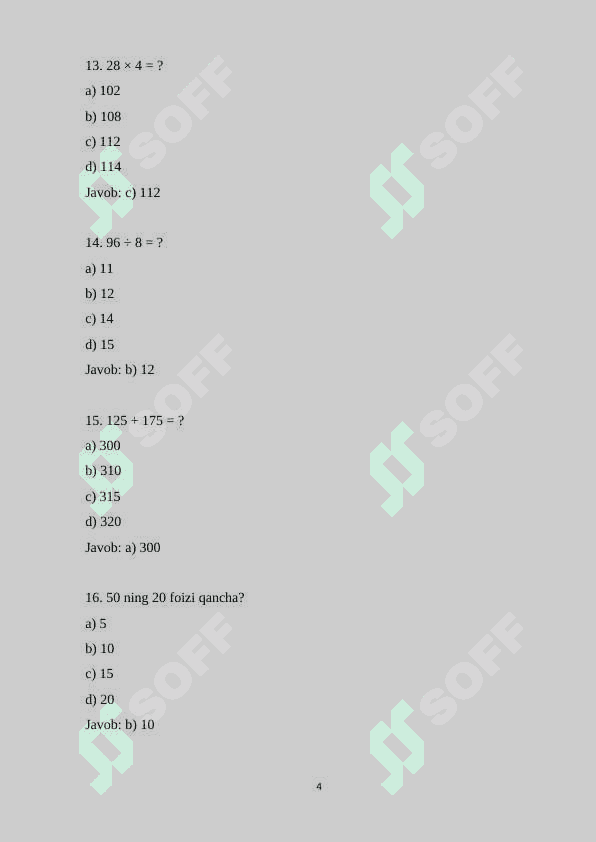 6-sinf matematika fanidan 100 ta variantli test savollari va javoblari 4