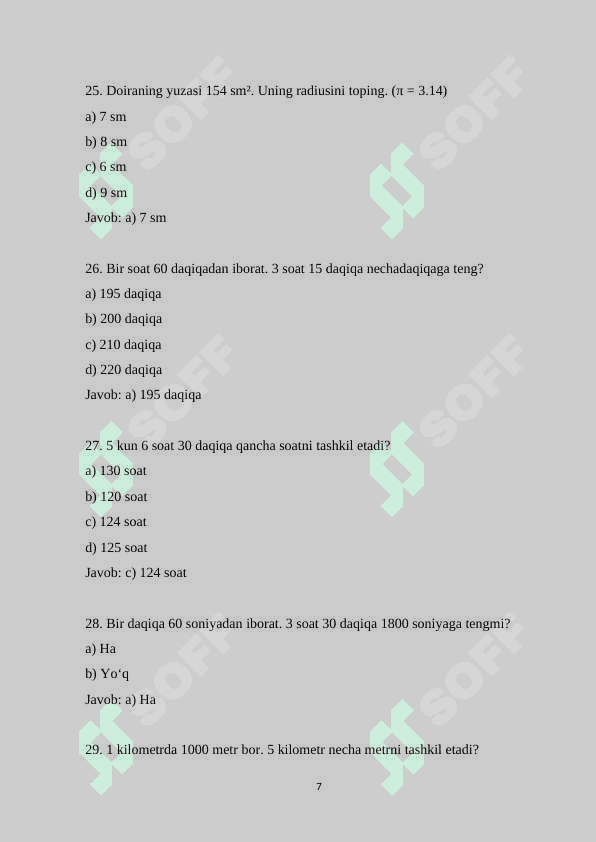 6-sinf matematika fanidan 100 ta variantli test savollari va javoblari 7