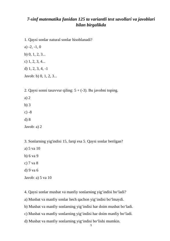 7-sinf matematika fanidan 125 ta variantli test savollari va javoblari bilan birgalikda