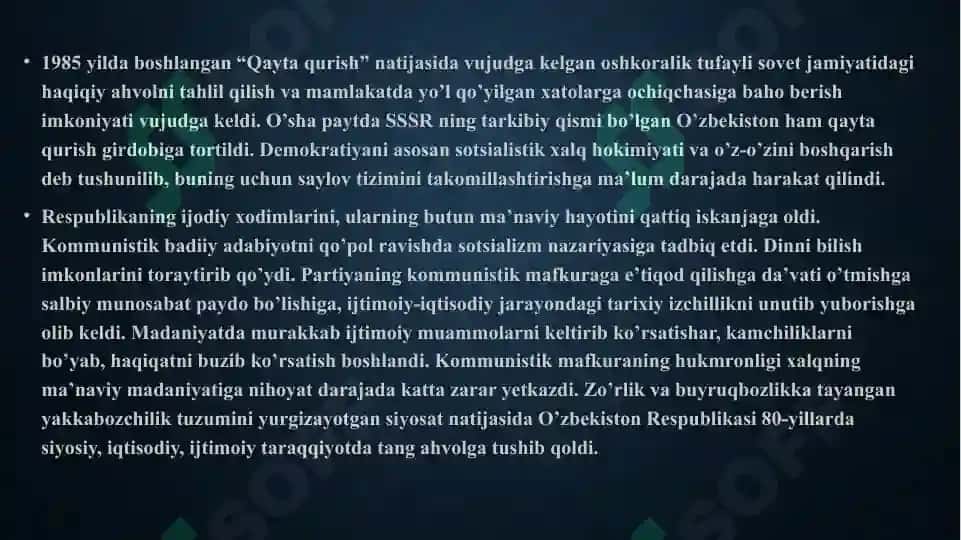 Mustaqillikka erishish arafasida O’zbekistondagi ijtimoiy-siyosiy jarayonlar 6