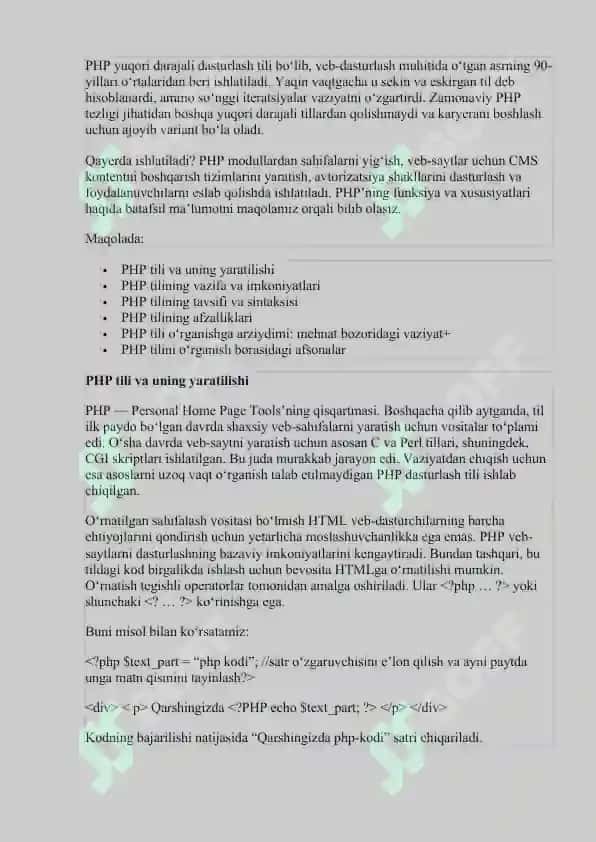 PHP ASOSLARI. MA'LUMOTLAR TURLARI 2