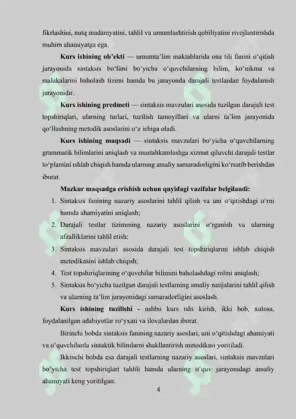 Sintaksis boʻyicha darajali testlari toʻplami 4