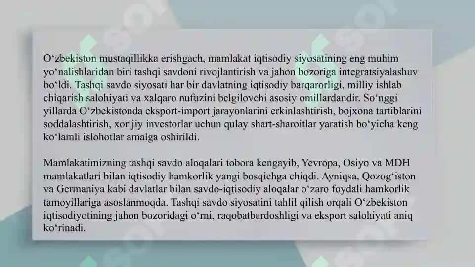 O‘zbekistonning tashqi savdo siyosatini tahlil qilish slayd 3