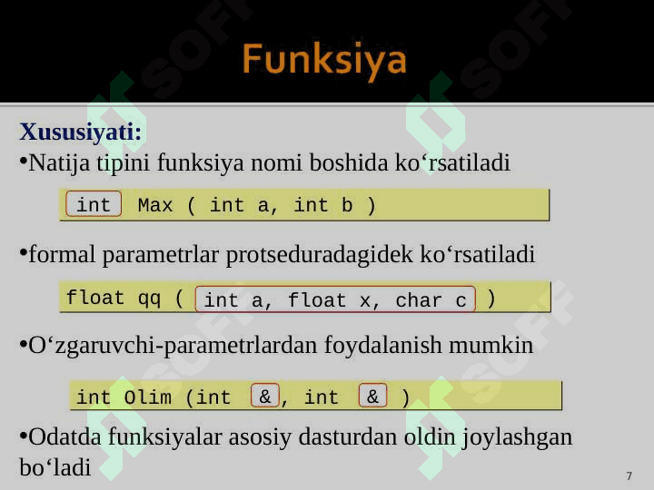 C++ da funksiyalar. Tuzilishi va undan foydalanish. 7