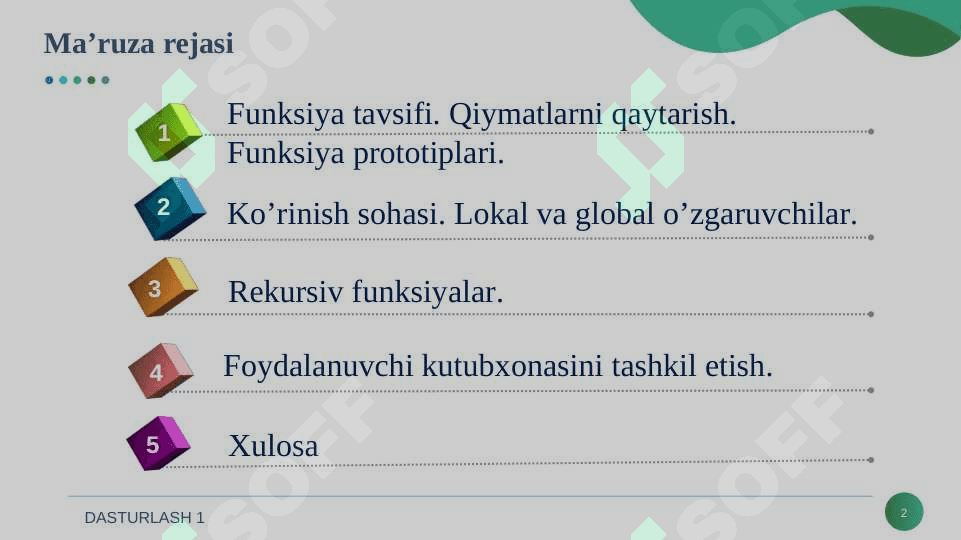 FUNKSIYALAR. REKURSIV FUNKSIYALAR. FOYDALANUVCHI KUTUBXONASI. 2