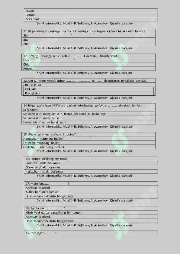 Test informatika 6 sinflarga 3