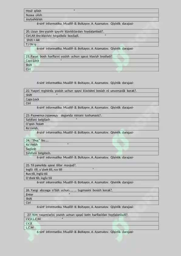 Test informatika 6 sinflarga 4