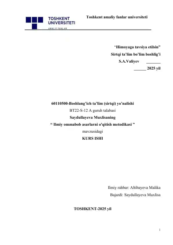Ilmiy ommabob asarlarni o'qitish metodikasi
