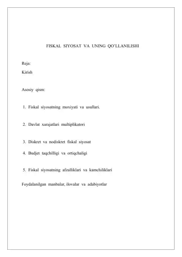 Fiskal siyosat va uning qo'llanilishi