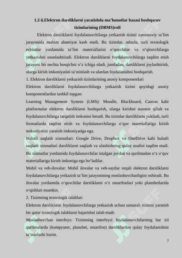 ELEKTRON DARSLIKLARNI YARATISH, BOSHQARISH VA FOYDALANUVCHILARGA YETKAZISH 7