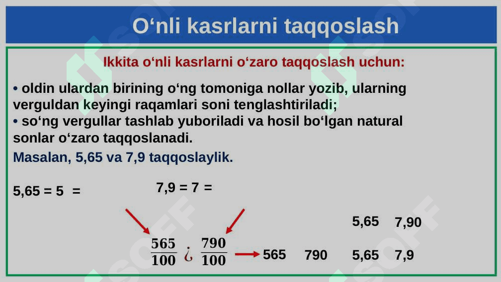 O'nli kasrlarni taqqoslash mavzusi 4