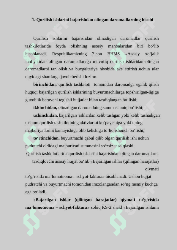 QURILISH ISHLARINI BAJARISHDAN OLINGAN DAROMADLAR VA ULARGA DOIR HISOBLASHISHLARNING HISOBI 2