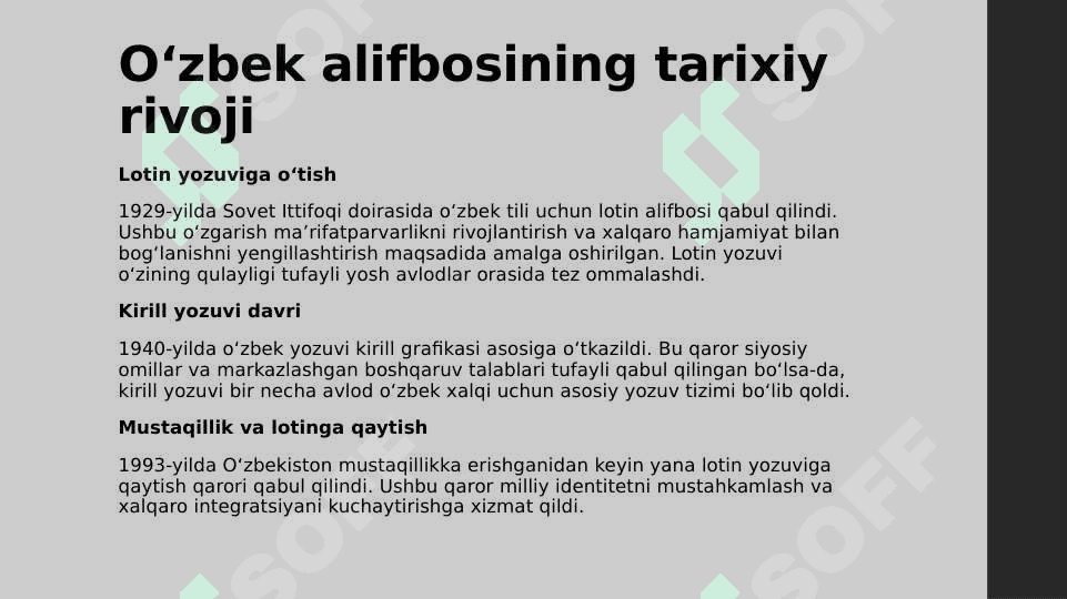 GRAFIKA. ALIFBO (ALFAVIT). OʻZBEK YOZUVLARI TARIXI HAQIDA mavzusida slayd 7