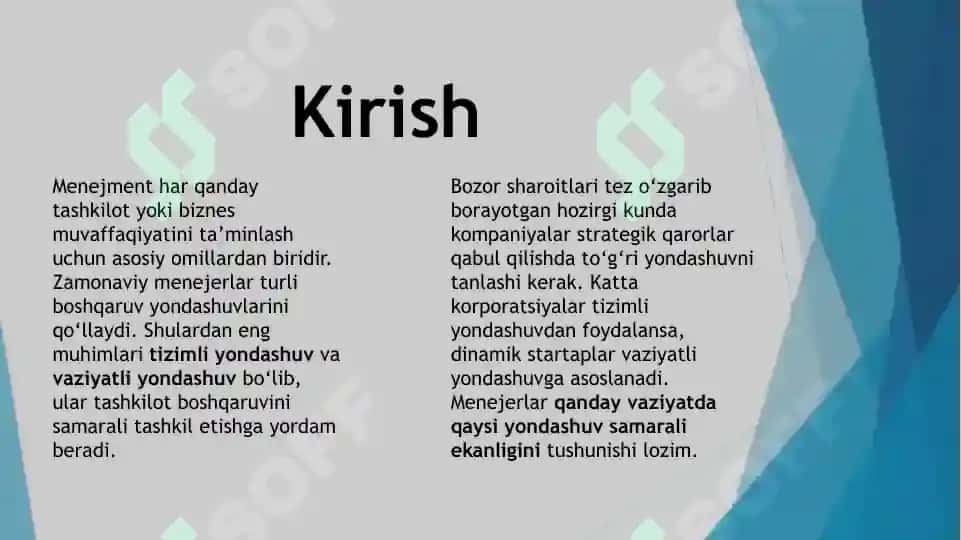 Menejmentda tizimli va vaziyatli yondashuv mavzusi asosida keys. 2