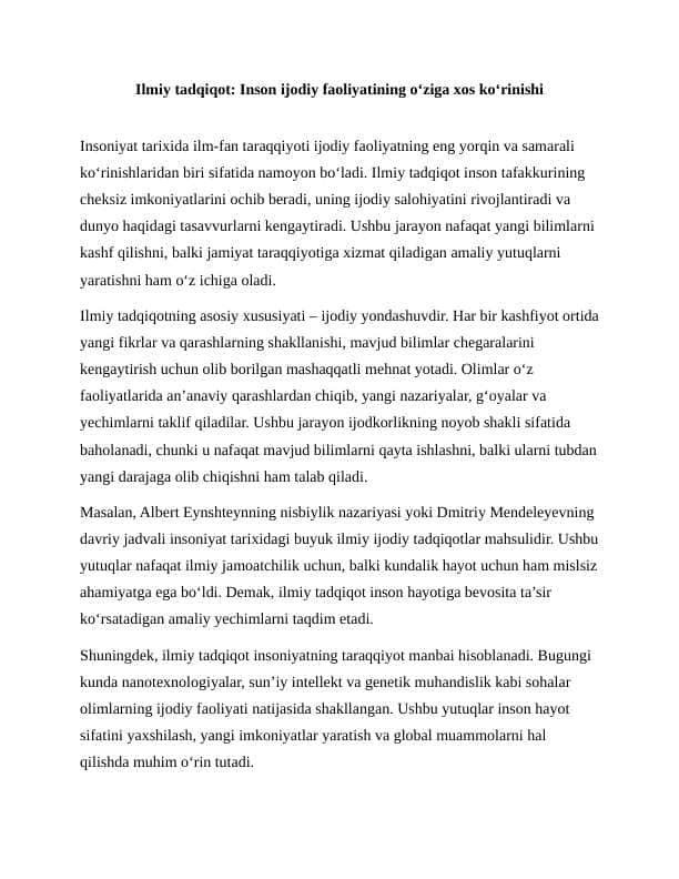 Ilmiy Tadqiqot – Inson Ijodiy Faoliyatining O‘ziga Xos Ko‘rinishi 7 ESSE