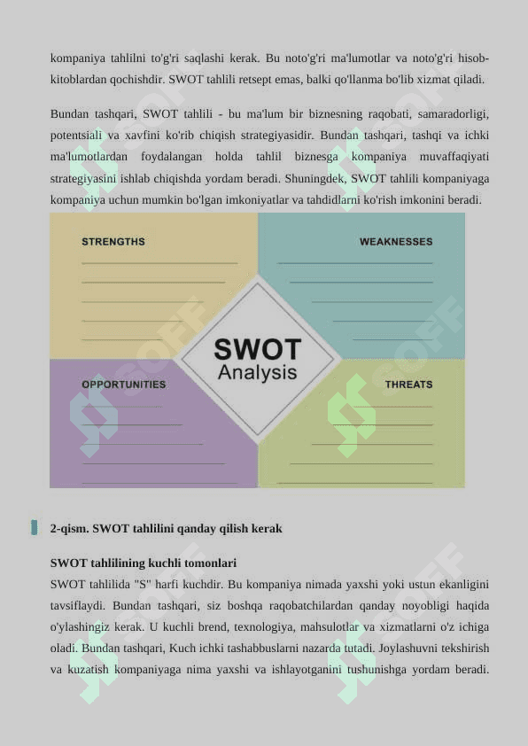 SWOT TAHLILI HAR BIR KOMPONENT UCHUN TO'LIQ MALUMOT 2