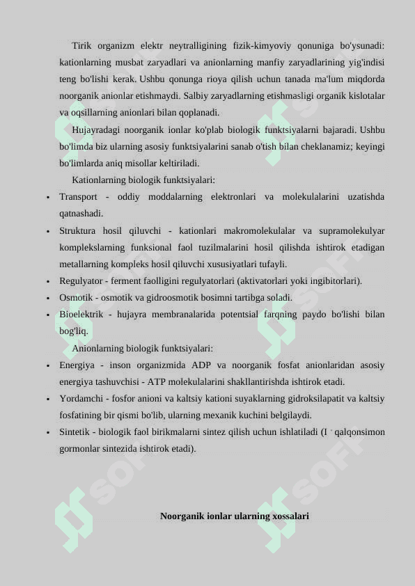 Noorganik ionlar, ularning xossalari va biologik vazifalari 3
