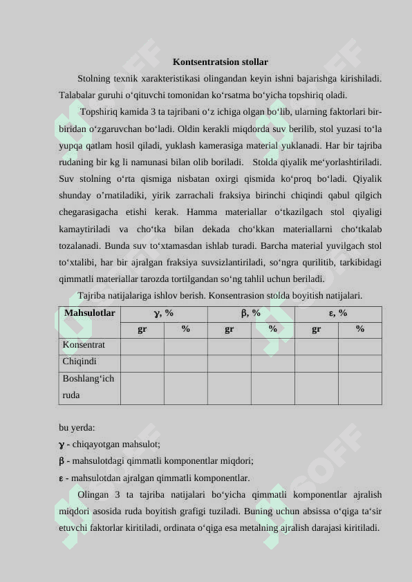 Kontsentratsion stollar. Vintli va konusli separatorlar. 3
