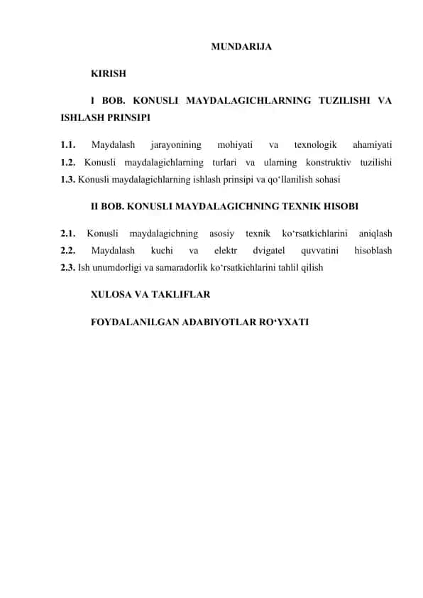 konusli maydalagich ning texnik hisobi