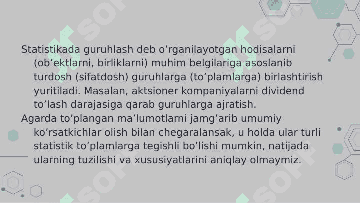 Statistik jamlash va guruhlash masalalari 4