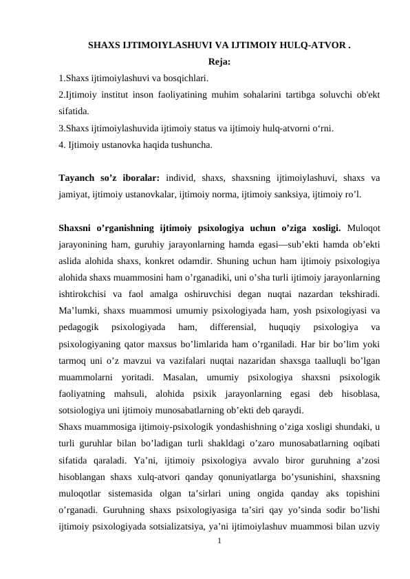 SHAXS IJTIMOIYLASHUVI VA IJTIMOIY HULQ-ATVOR
