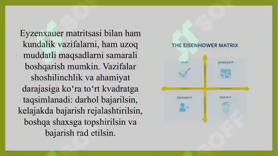 Vaqtni boshqarishda “Eyzenhower Matrix” (muhim va shoshilinch ishlarni ajratish) amaliyoti 4
