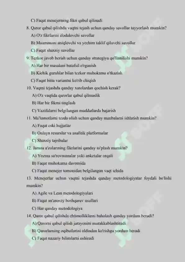 Test - Menejerlar uchun qarorlar qabul qilishda vaqtni tejash 2